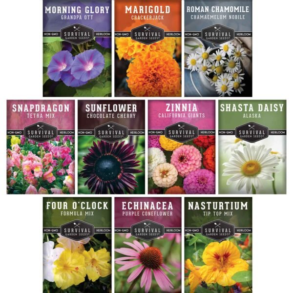 10 Heirloom Flower Seed Collection – Non-GMO Annuals & Perennials