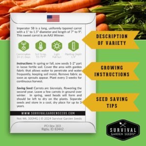 Imperator 58 Carrot Seeds – Heirloom Non-GMO, Sweet and Tender AAS-Winning Carrots for Garden Beds, Containers, and Home Harvests